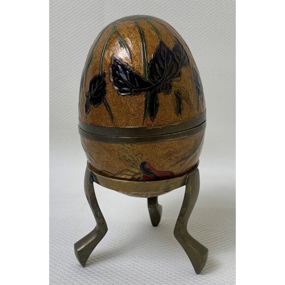 Vintage Brass Enamel Egg Cloisonne Trinket Box With Stand Hummingbird Flowers - Picture 6 of 16